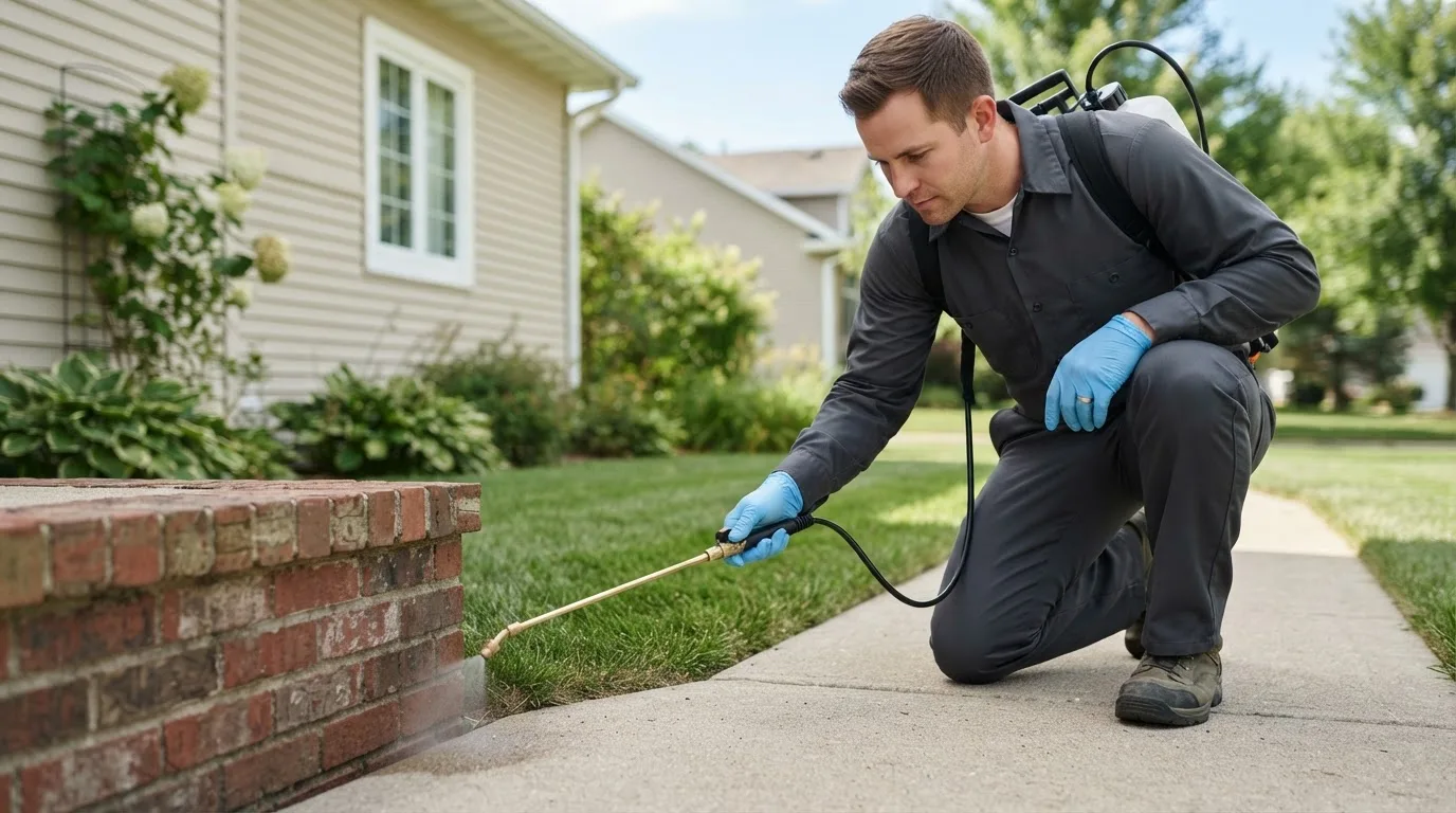 Pest control technician treating a home near Rockhill Furnace, PA